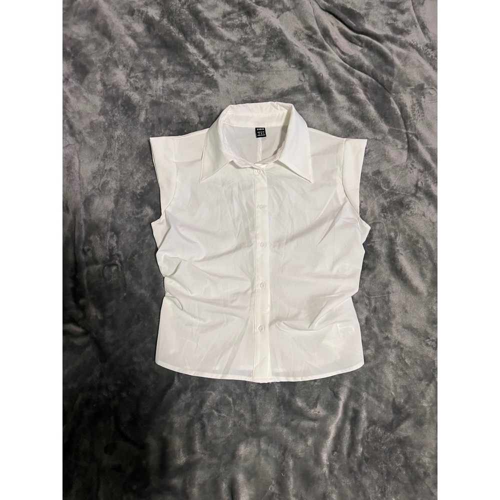 SHEIN White Sleeveless Button Down Blouse Padded Shoulder Office Top Womens M